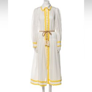 ZIMMERMANN resort Circa yellow Rickrack-Trim Ramie Midi White Dress 2 M L 8 10